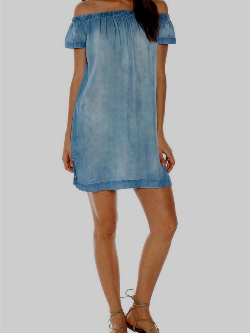Anthropologie Cloth & Stone Off-Shoulder Mini Dress Blue Chambray Denim Western - Picture 13 of 15